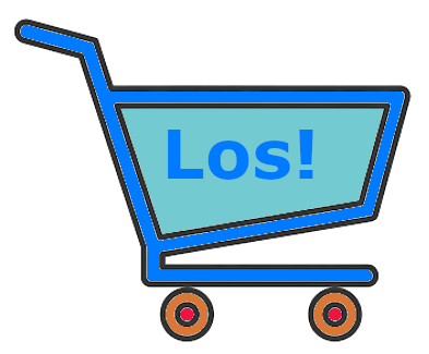 Ein blauer, leerer Einkaufswagen mit Rollen. Aufschrift: Los!